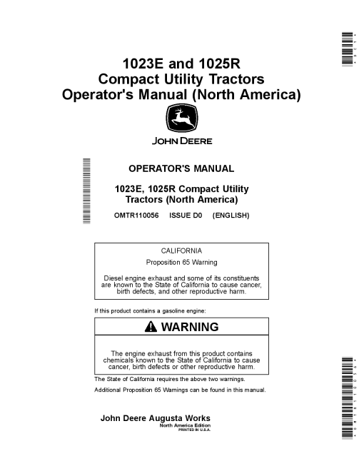 John Deere 1023E and 1025R Compact Utility Tractors 1023E HJ100001 1025RHJ100001 1025R Cab KK400001 OMTR110056 Operation and Maintenance manual PDF Download