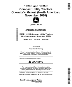 John Deere 1023E and 1025R Compact Utility Tractors November 2020 OMTR117450 Operation and Maintenance manual PDF Download