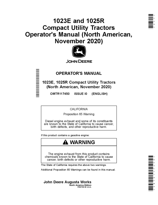 John Deere 1023E and 1025R Compact Utility Tractors November 2020 OMTR117450 Operation and Maintenance manual PDF Download