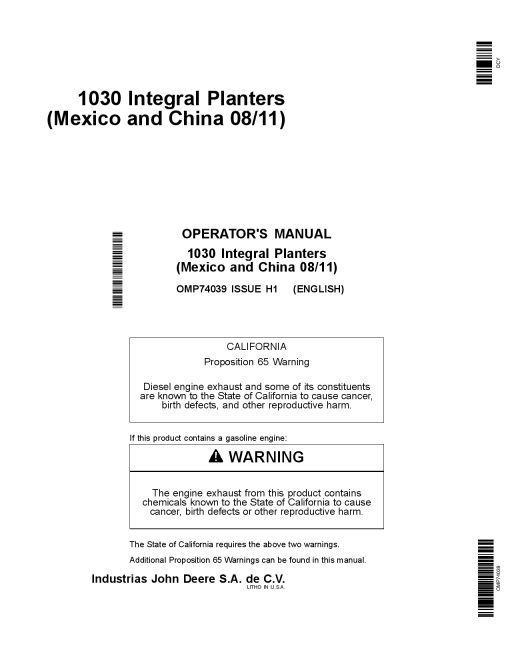 John Deere 1030 Integral Planters OMP74039 Operation and Maintenance manual PDF Download