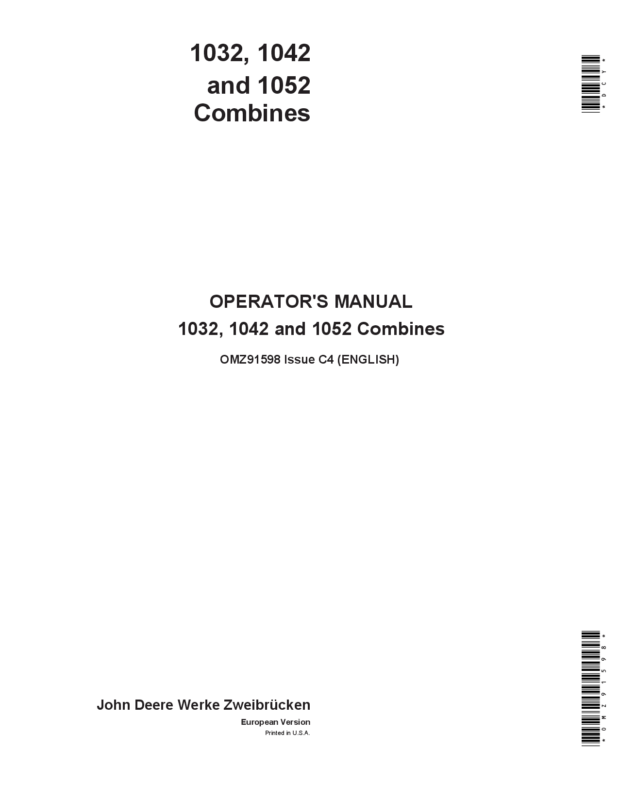 John Deere 1032 1042 1052 Combine Harvesters OMZ91598 Operation and Maintenance manual PDF Download