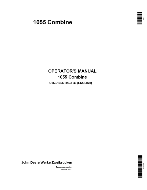 John Deere 1055 Combines OMZ91605 Operation and Maintenance manual PDF Download