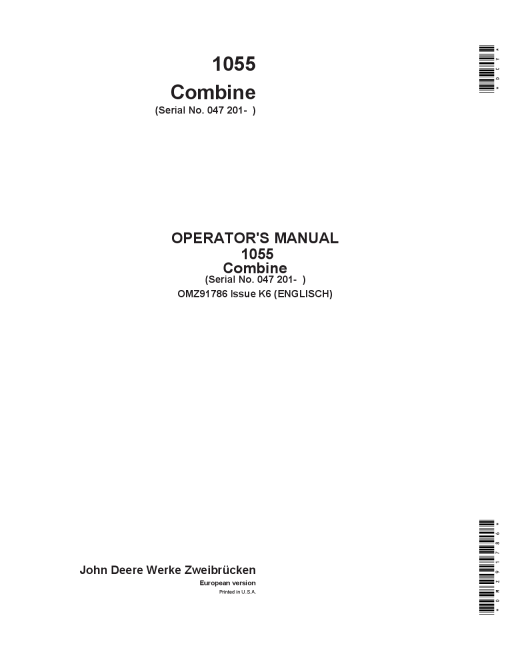 John Deere 1055 Combines OMZ91786 Operation and Maintenance manual PDF Download