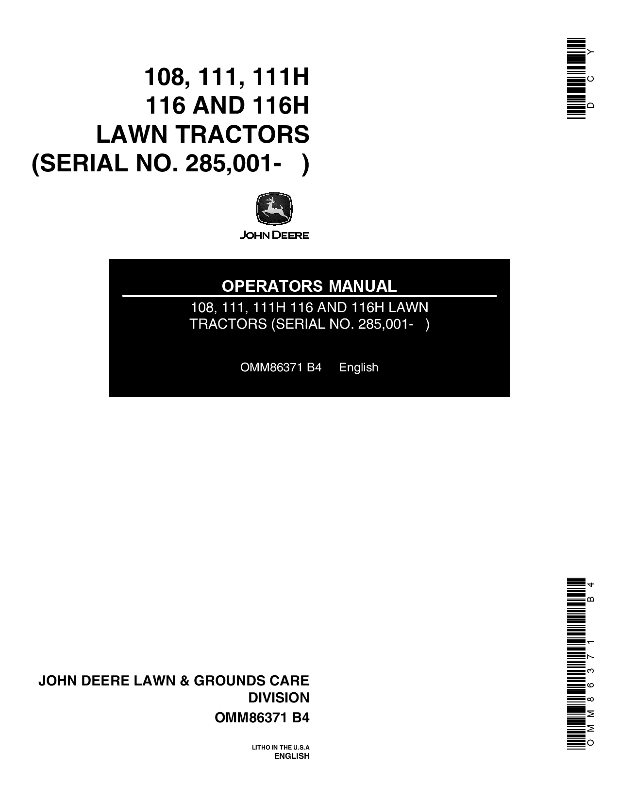 John Deere 108 111 111H 116.116H Lawn Tractors 285001 OMM86371 Operation and Maintenance manual PDF Download