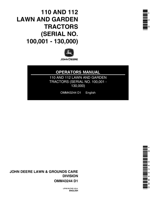 John Deere 110 112 Lawn Garden Tractors OMM43244 Operation and Maintenance manual PDF Download