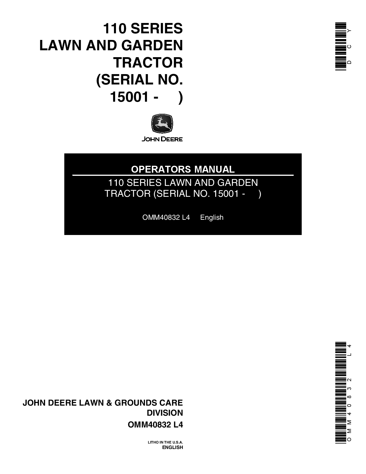 John Deere 110 Lawn Garden Tractor OMM40832 Operation and Maintenance manual PDF Download