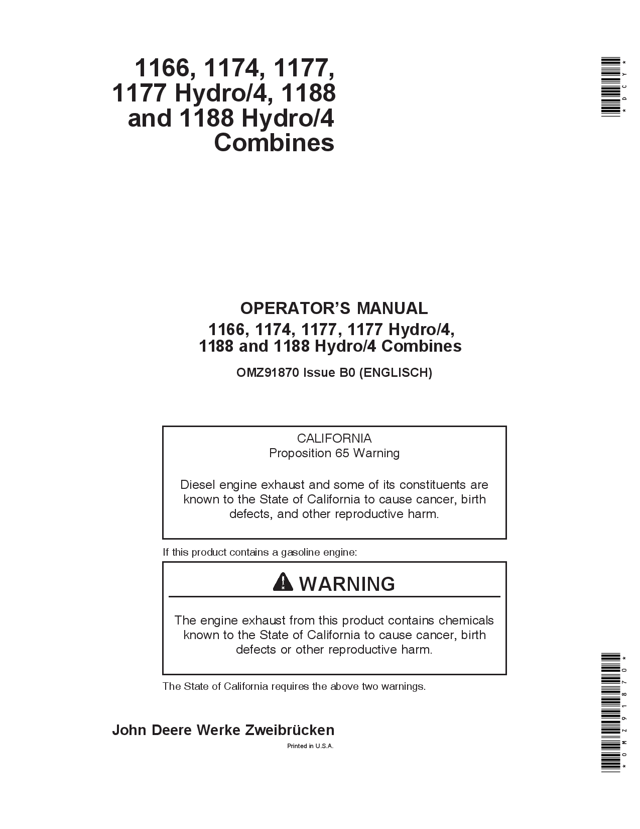John Deere 1166117411771177 Hydro 41188 1188 Hydro 4 Combines OMZ91870 Operation and Maintenance manual PDF Download
