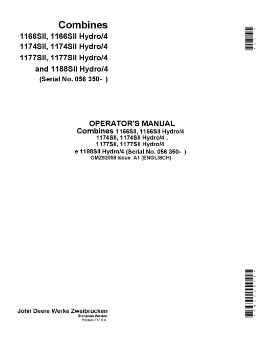 John Deere 1166SII 1166SII Hydro 4 1174SII 1174SII Hydro 4 1177SII 1177SII Hydro 4 1188SII 1188SII Hydro 4 Combines OMZ92058 Operation and Maintenance manual PDF Download