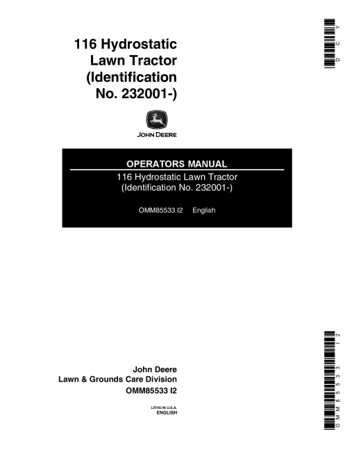 John Deere 116H Lawn Garden Tractor 232001 OMM85533 Operation and Maintenance manual PDF Download