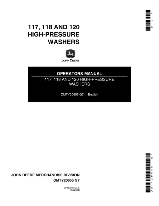 John Deere 117 118 120 High Pressure Washers OMTY20655 Operation and Maintenance manual PDF Download
