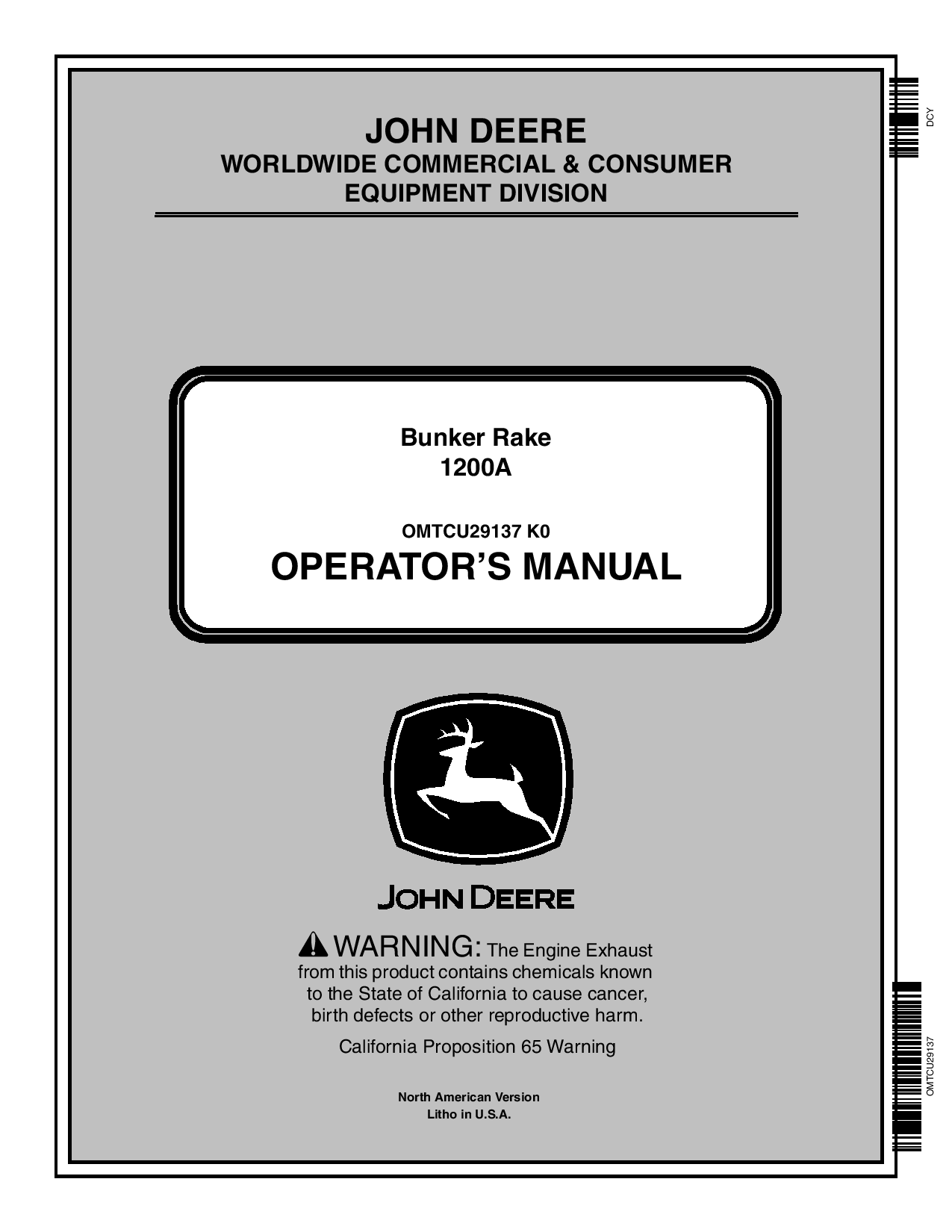 John Deere 1200A Bunker Field Rake North American Edition 180001 190000 OMTCU29137 Operation and Maintenance manual PDF Download