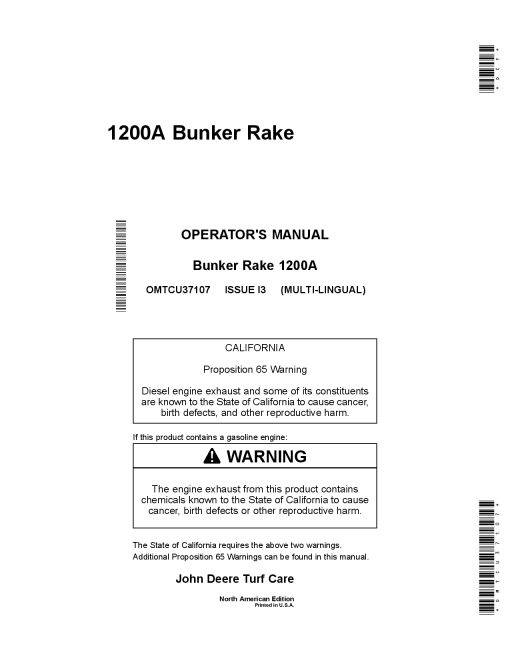 John Deere 1200A Bunker Field Rake North American Edition 210001 220000 Order manual as OMTCU37107 Operation and Maintenance manual PDF Download