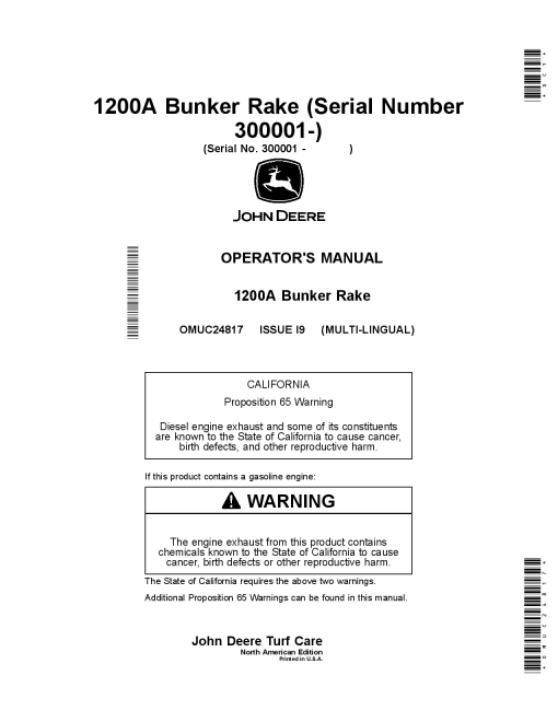 John Deere 1200A Bunker Rake OMUC24817 Operation and Maintenance manual PDF Download