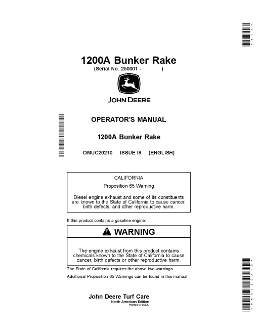 John Deere 1200A Bunker Rakes OMUC20210 Operation and Maintenance manual PDF Download