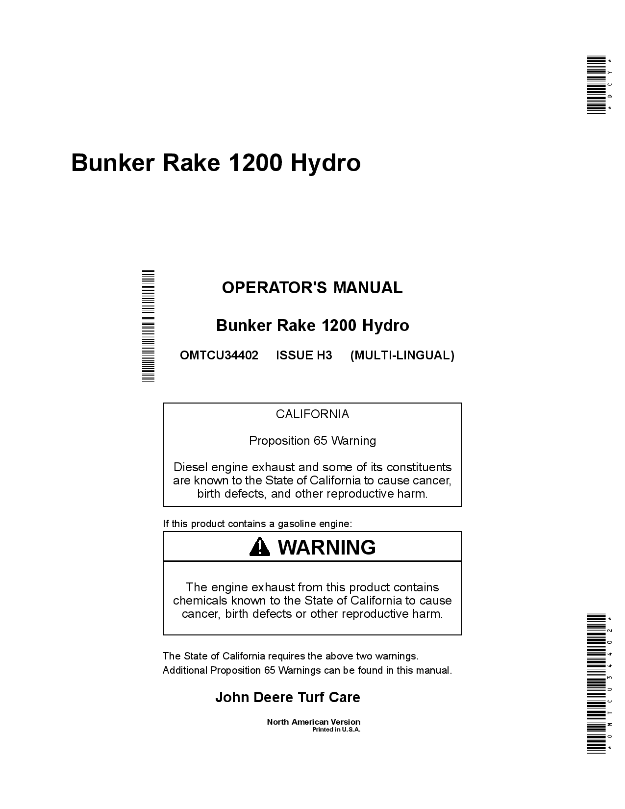 John Deere 1200H Bunker Field Rake North American Edition 050001 070000 OMTCU34402 Operation and Maintenance manual PDF Download