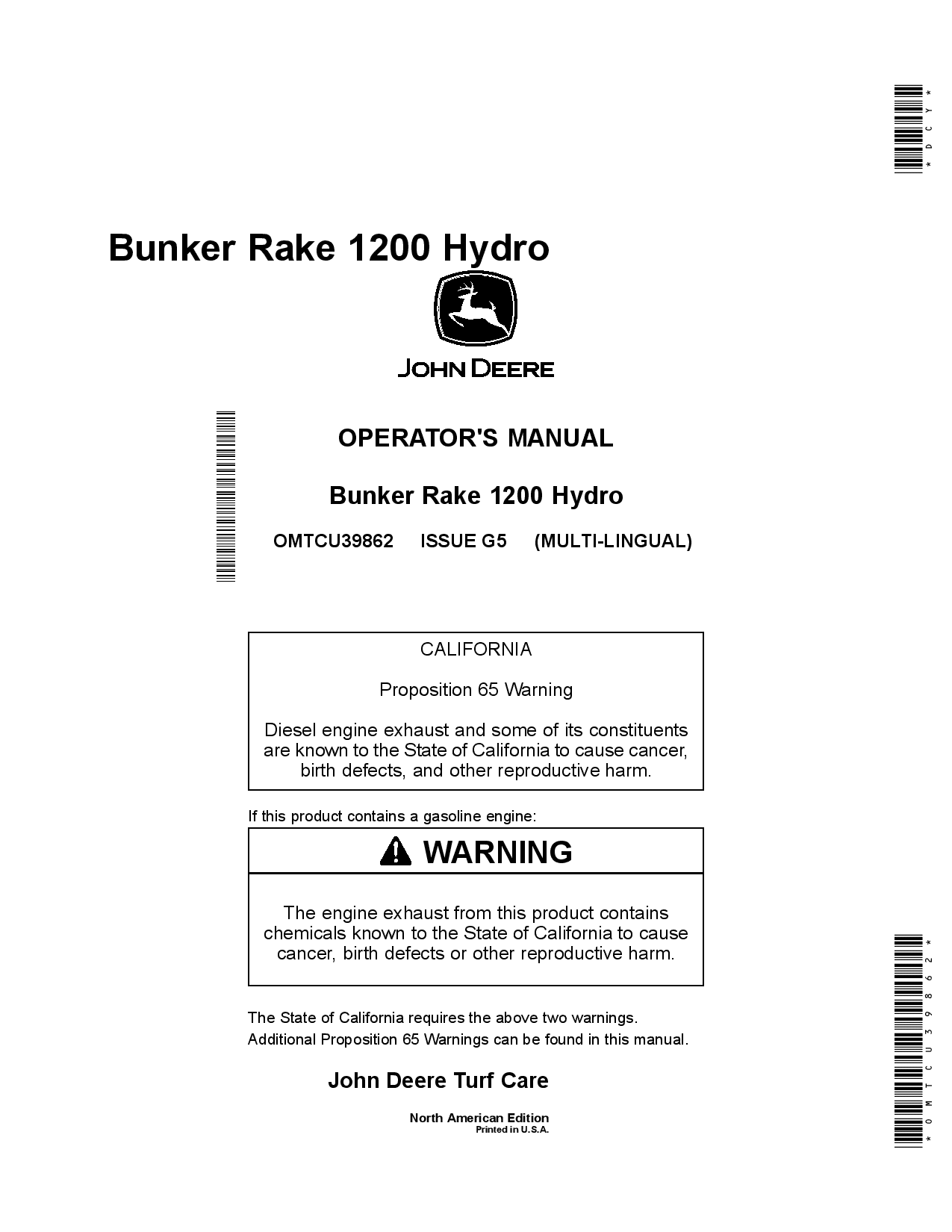 John Deere 1200H Bunker Field RakeNorth American Edition 085001 Order manual as OMTCU39862 Operation and Maintenance manual PDF Download