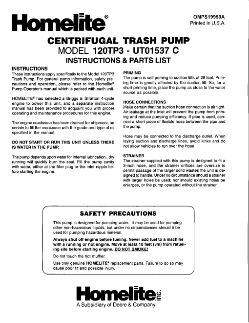 John Deere 120TP3 D HTP3 B Self Priming Trash Pump OMPS19959A Operation and Maintenance manual PDF Download