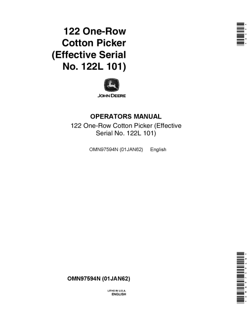 John Deere 122 One Row Cotton Picker 000101 OMN97594N Operation and Maintenance manual PDF Download