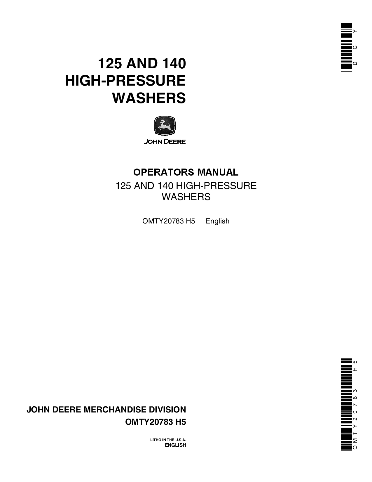 John Deere 125 140 High Pressure Washers OMTY20783 Operation and Maintenance manual PDF Download