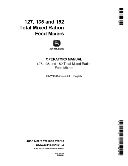 John Deere 127 135 152 Total Mixed Ratio Feed Mixers OMW43414 Operation and Maintenance manual PDF Download