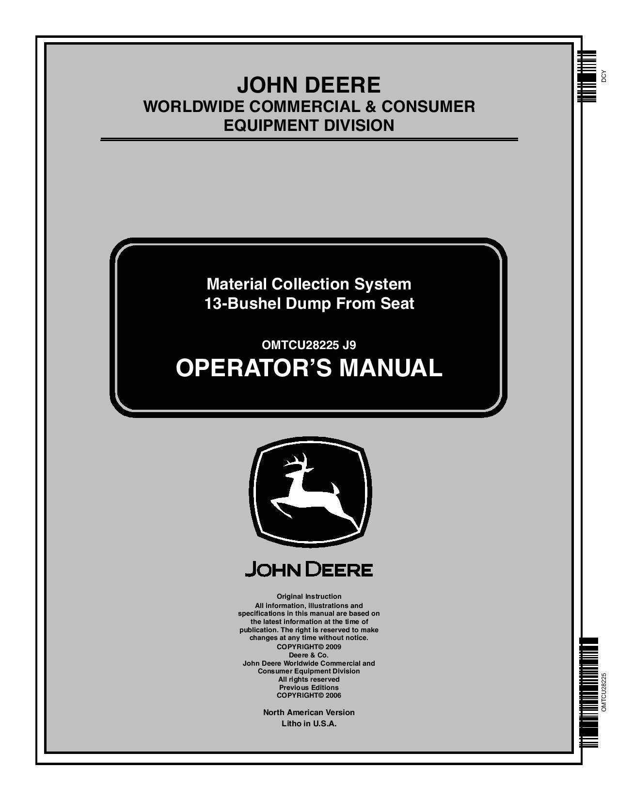 John Deere 13 Bushel Dump From Seat for 997 MCS with SN OMTCU28225 Operation and Maintenance manual PDF Download