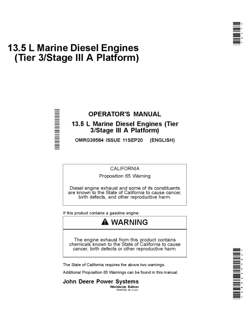 John Deere 13.5 L Marine Diesel Engines Tier 3 Stage III A Platform OMRG39584 Operation and Maintenance manual PDF Download