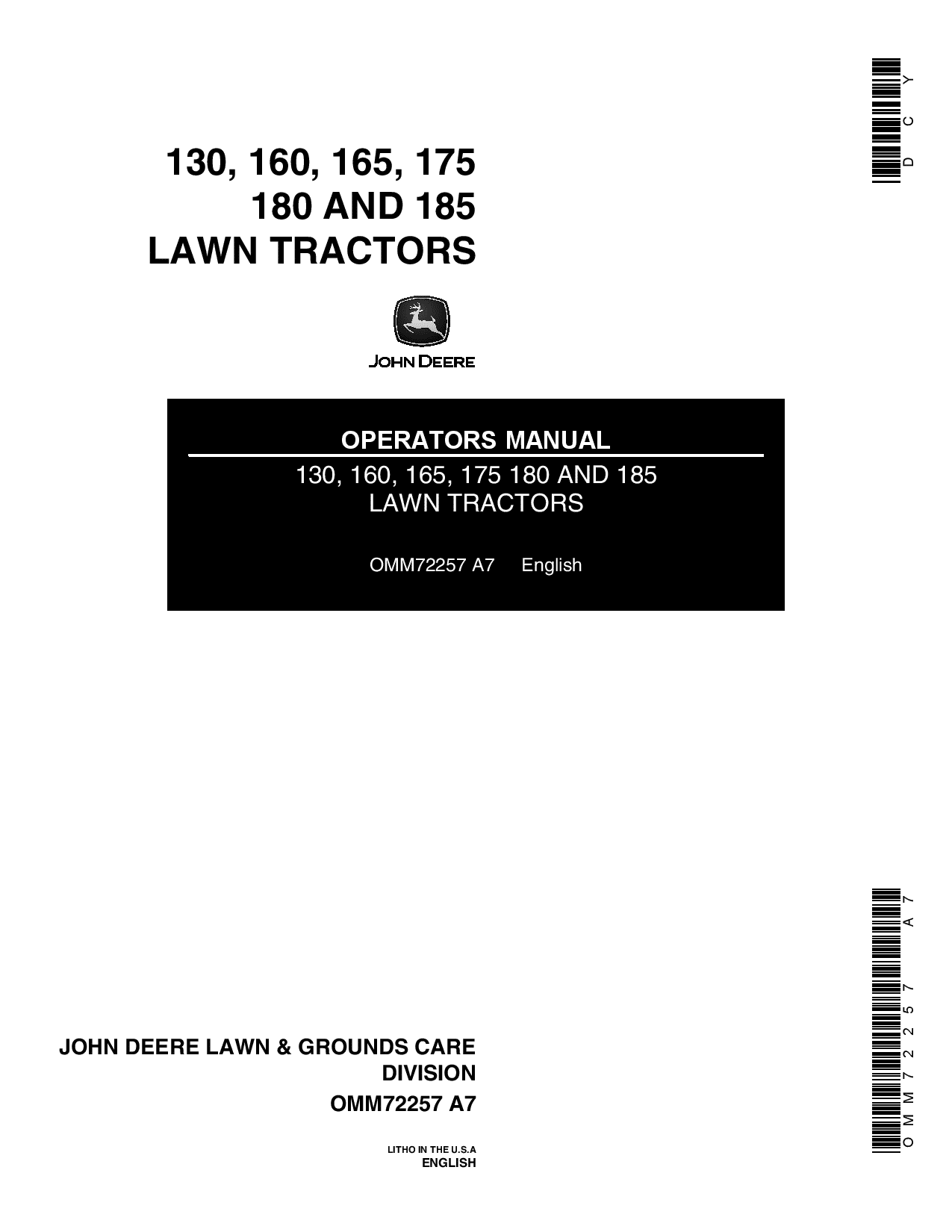 John Deere 130 160 165 175 180 185 Lawn Tractors OMM72257 Operation and Maintenance manual PDF Download