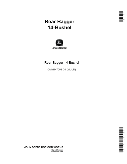 John Deere 14 Bushel Rear Bagger OMM147003 Operation and Maintenance manual PDF Download