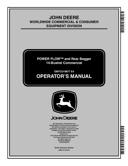 John Deere 14 Bushel Rear Bagger and Powerflow OMTCU19977 Operation and Maintenance manual PDF Download