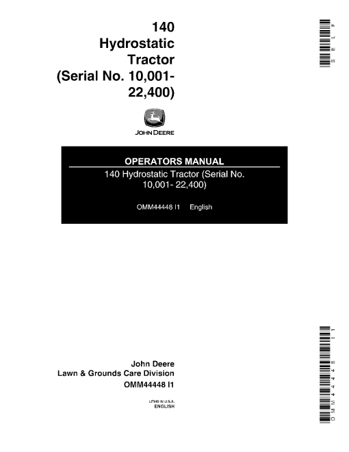 John Deere 140 Hydrostatic Tractor OMM44448 Operation and Maintenance manual PDF Download