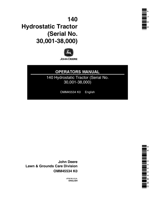 John Deere 140 Hydrostatic Tractor OMM45534 Operation and Maintenance manual PDF Download