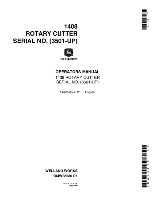 John Deere 1408 Rotary Cutter OMW28536 Operation and Maintenance manual PDF Download