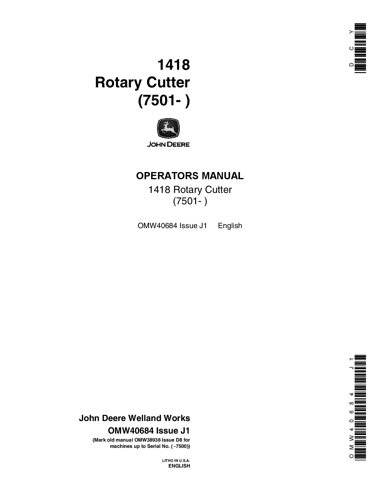 John Deere 1418 Rotary Cutter 007501 OMW40684 Operation and Maintenance manual PDF Download