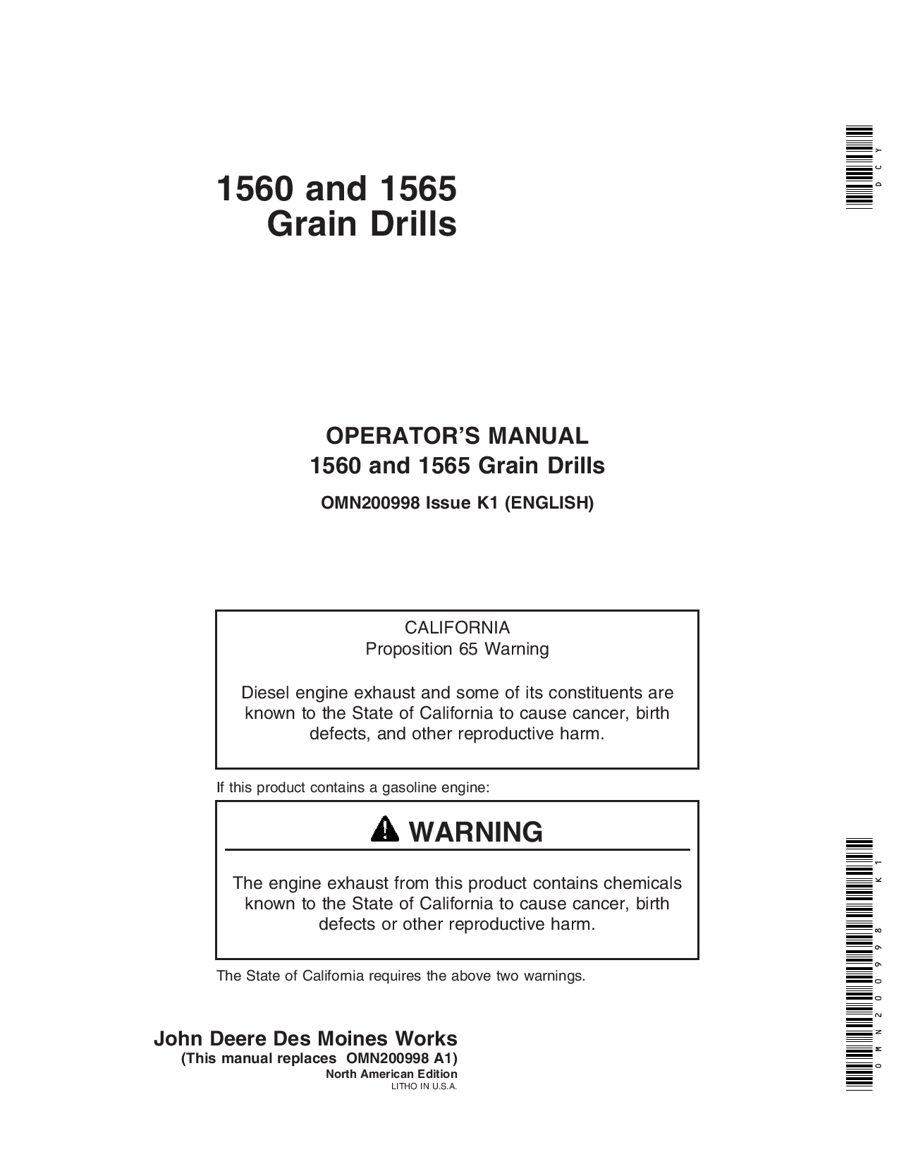 John Deere 1560 1565 Grain Drills North American Edition OMN200998 Operation and Maintenance manual PDF Download