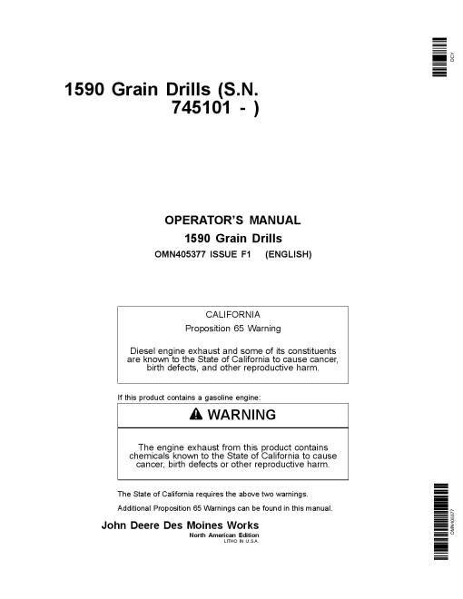 John Deere 1590 Grain Drills OMN405377 Operation and Maintenance manual PDF Download