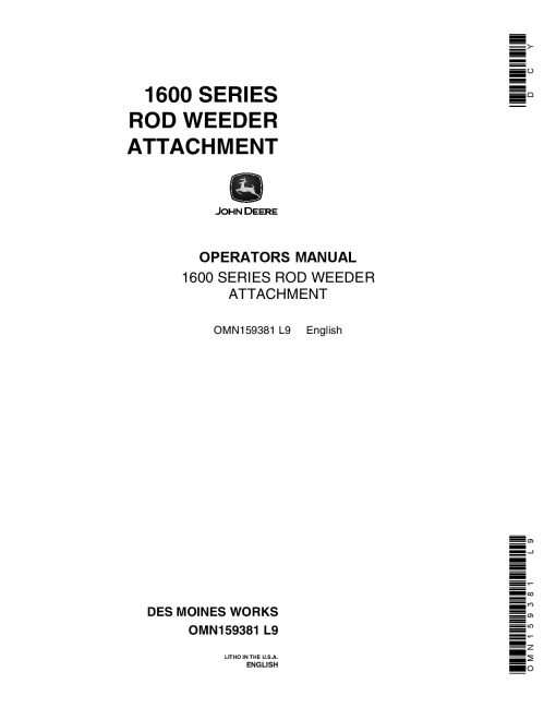 John Deere 1600 Rod Weeder Attachment OMN159381 Operation and Maintenance manual PDF Download
