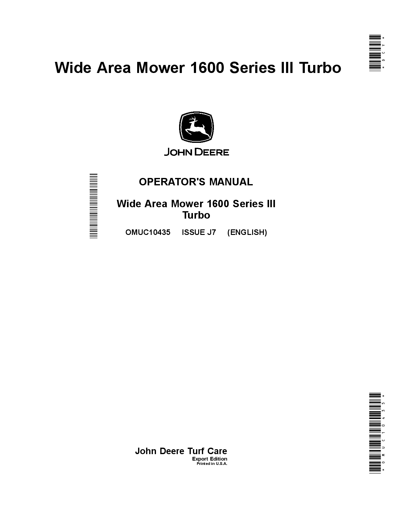 John Deere 1600 Series III Turbo Wide Area Mowers OMUC10435 Operation and Maintenance manual PDF Download