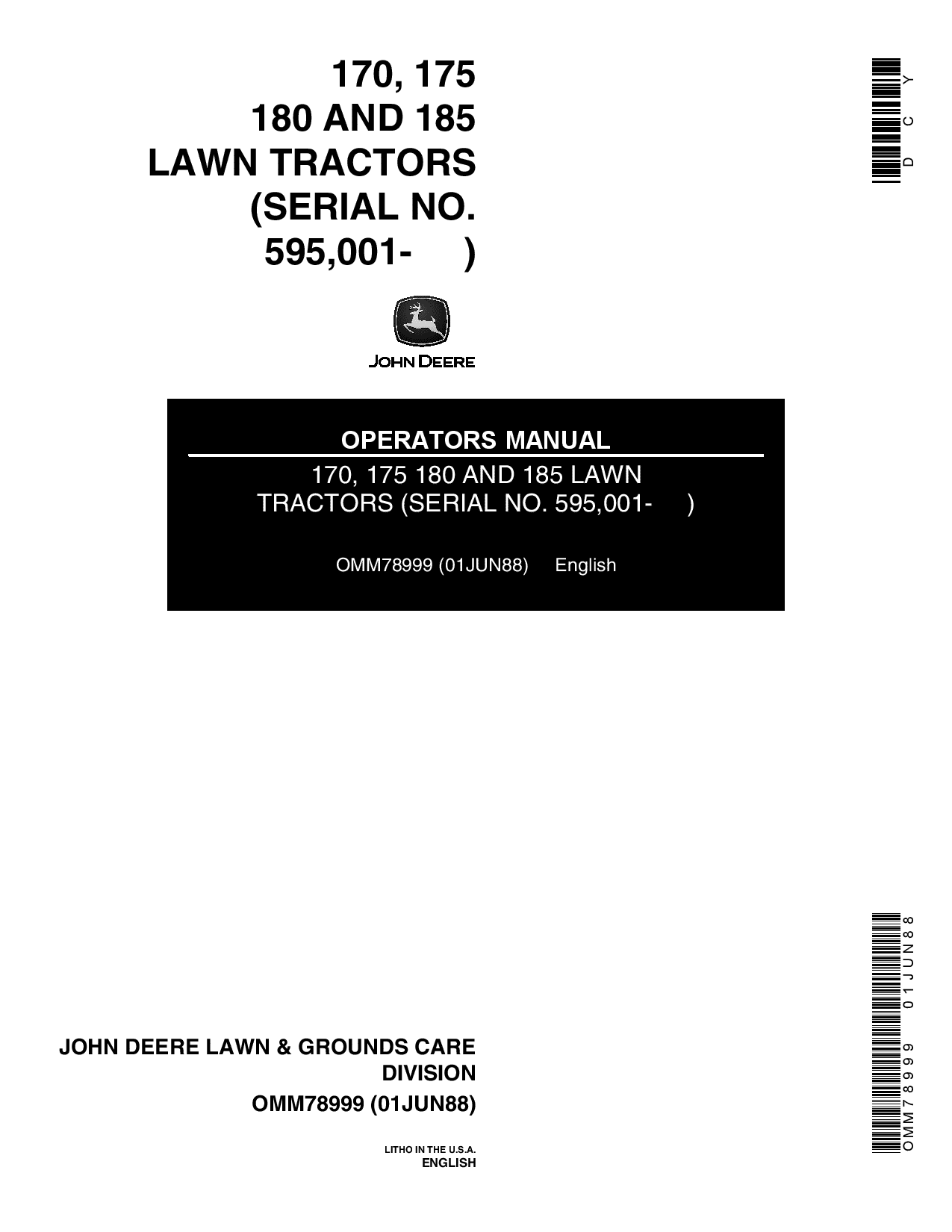 John Deere 170 175 180 185 Lawn Tractors OMM78999 Operation and Maintenance manual PDF Download