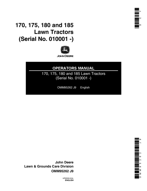 John Deere 170 175 180 185 Lawn Tractors OMM95262 Operation and Maintenance manual PDF Download