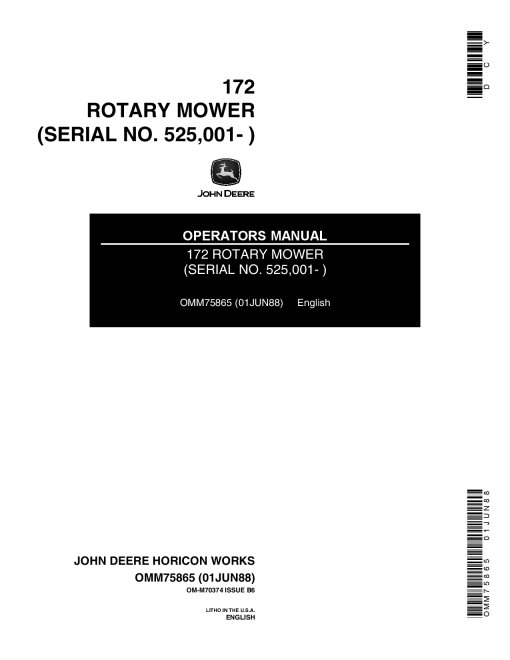 John Deere 172 Rotary Mower 525001 OMM75865 Operation and Maintenance manual PDF Download