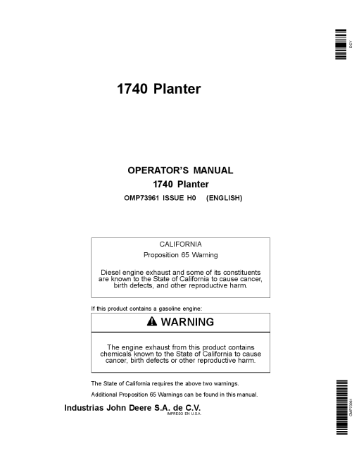 John Deere 1740 MaxEmerge XP Planter OMP73961 Operation and Maintenance manual PDF Download