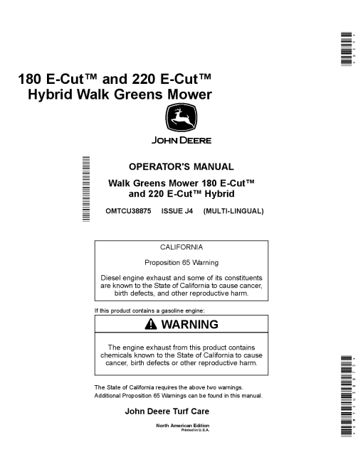 John Deere 180 E Cut 220 E Cut Hybrid Walk Behind Greens Mowers 180 E Cut 030001 040000 220 E Cut 060001 070000 North American Edition OMTCU38875 Operation and Maintenance manual PDF Download