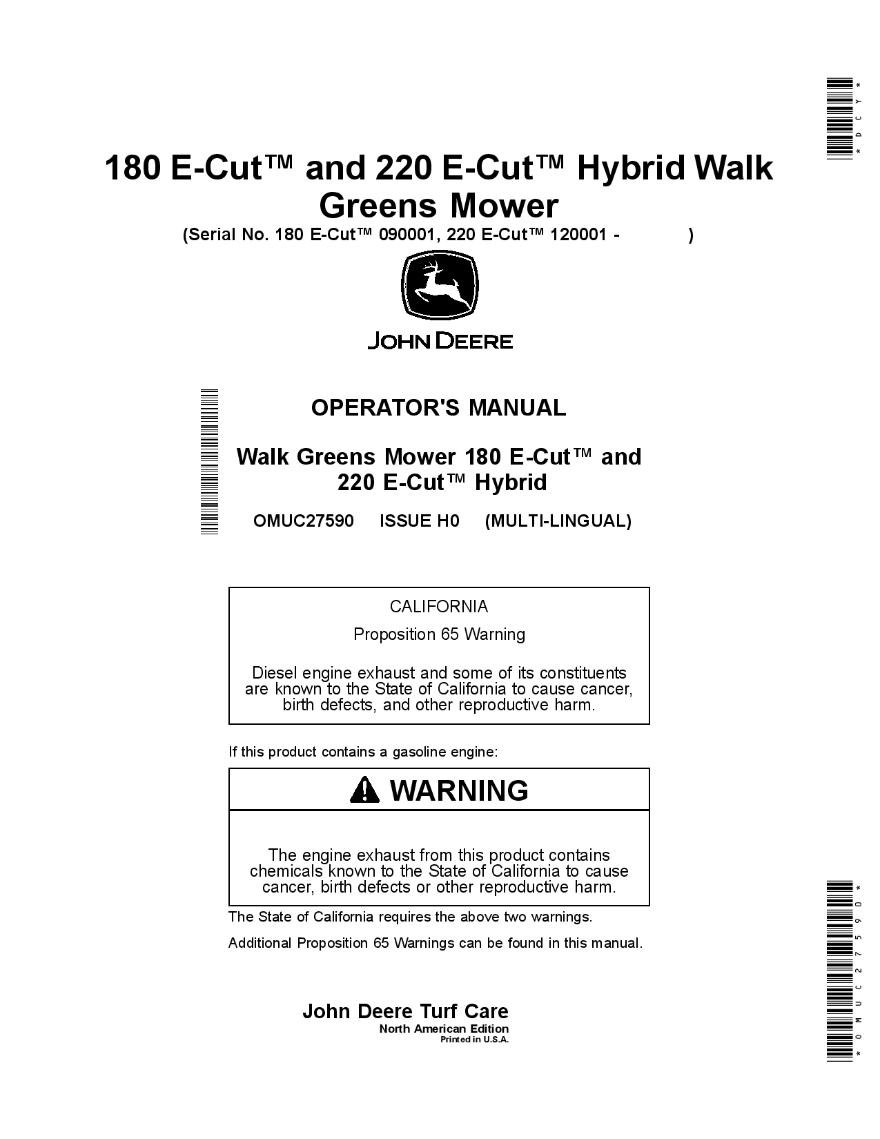 John Deere 180 E Cut and 220 E Cutm Hybrid Walk GreensMower OMUC27590 Operation and Maintenance manual PDF Download