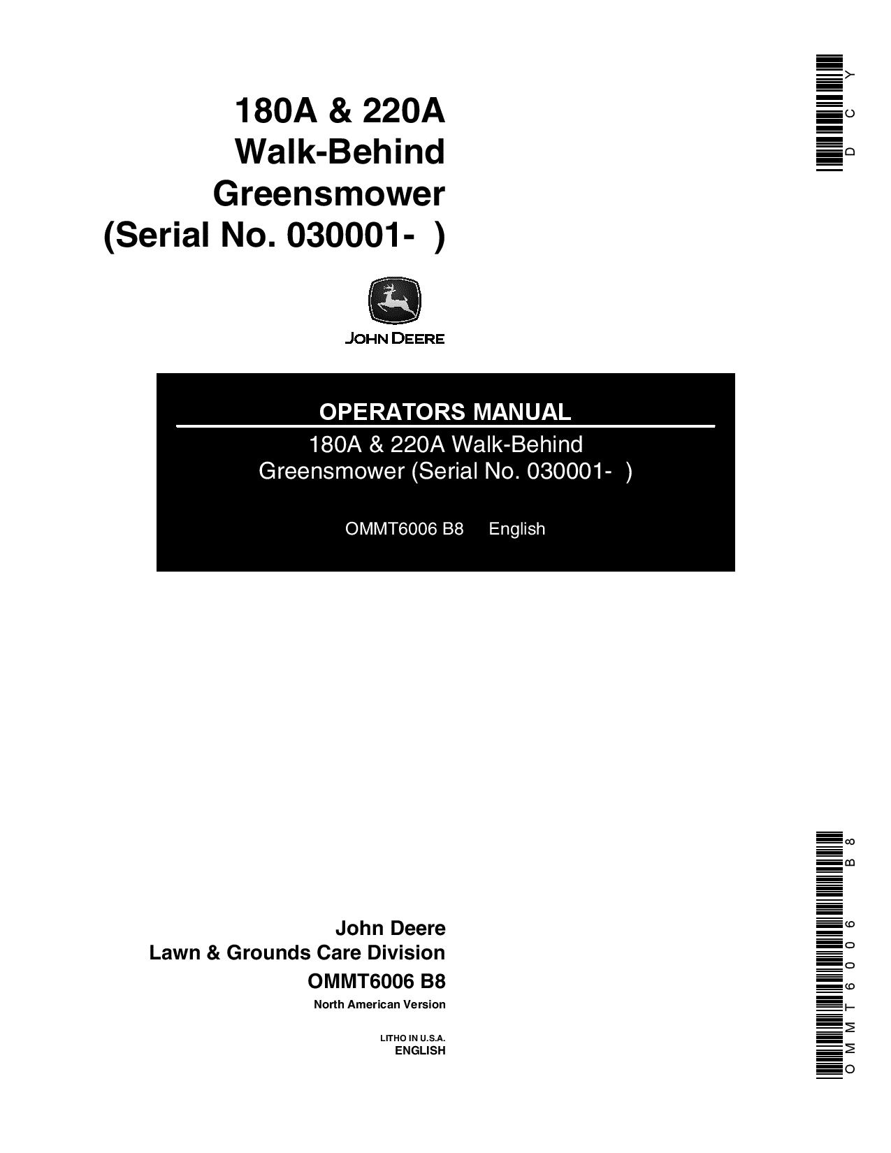 John Deere 180A 220A Walk Behind Greensmower 030001 OMMT6006 Operation and Maintenance manual PDF Download