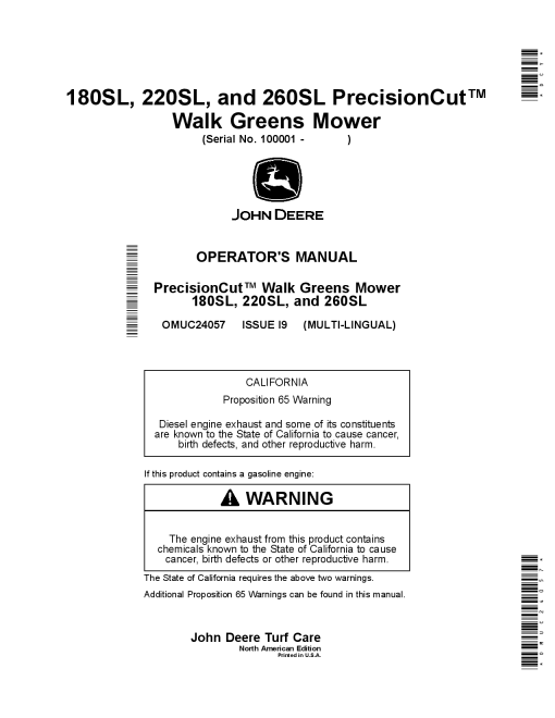 John Deere 180SL 220SL and 260SL PrecisionCut Walk Greens Mower OMUC24057 Operation and Maintenance manual PDF Download