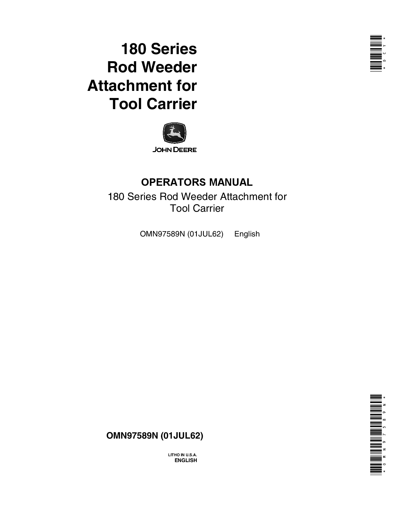 John Deere 181 182 184 186 180 Series Rod Weeder Attachment For Tool Carriers OMN97589N Operation and Maintenance manual PDF Download