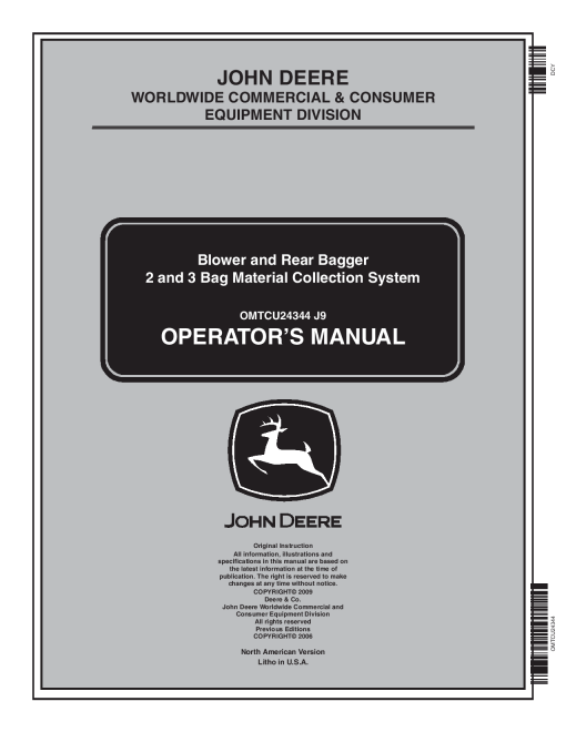 John Deere 2 Bag 3 Bag Material Collection System Blower Rear Bagger OMTCU24344 Operation and Maintenance manual PDF Download