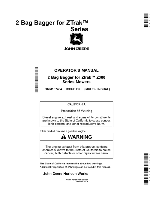 John Deere 2 Bag Baggers for Z335 Z355 EZtrak Mowers OMM167464 Operation and Maintenance manual PDF Download