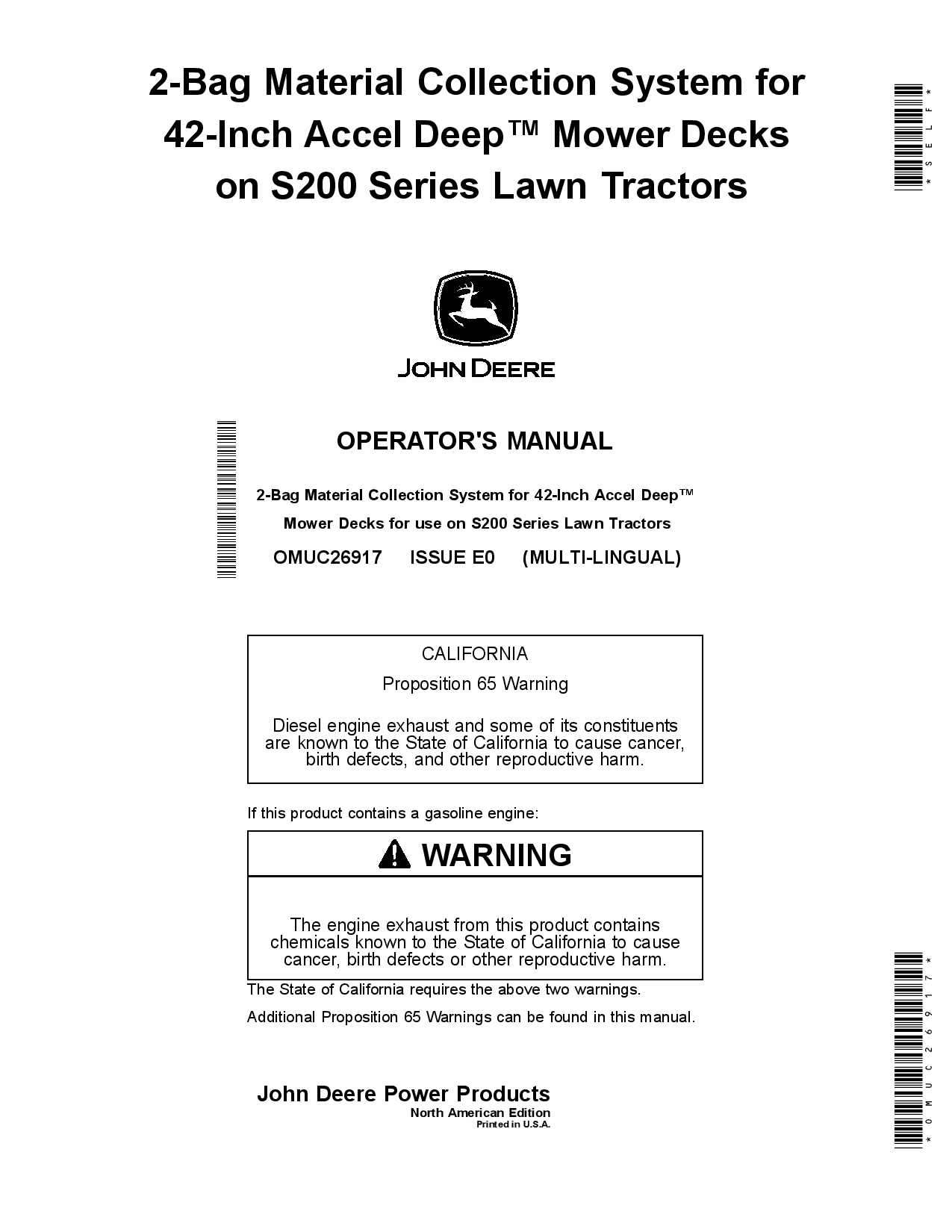 John Deere 2 Bag Material Collection System for 42 Inch Accel Deep Mower Decks on 5200 Series Lawn Tractors OMUC26917 Operation and Maintenance manual PDF Download