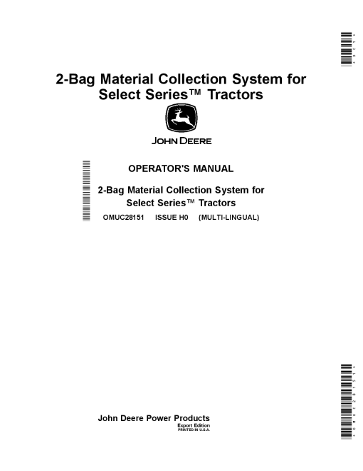 John Deere 2 Bag Material Collection System for 42 Inch Accel Deep and 42 Inch Mower Decks Tractors OMUC28151 Operation and Maintenance manual PDF Download